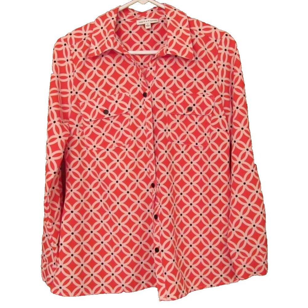 Notations Red White and Black Button Up Blouse with Roll up Sleeves Size Small